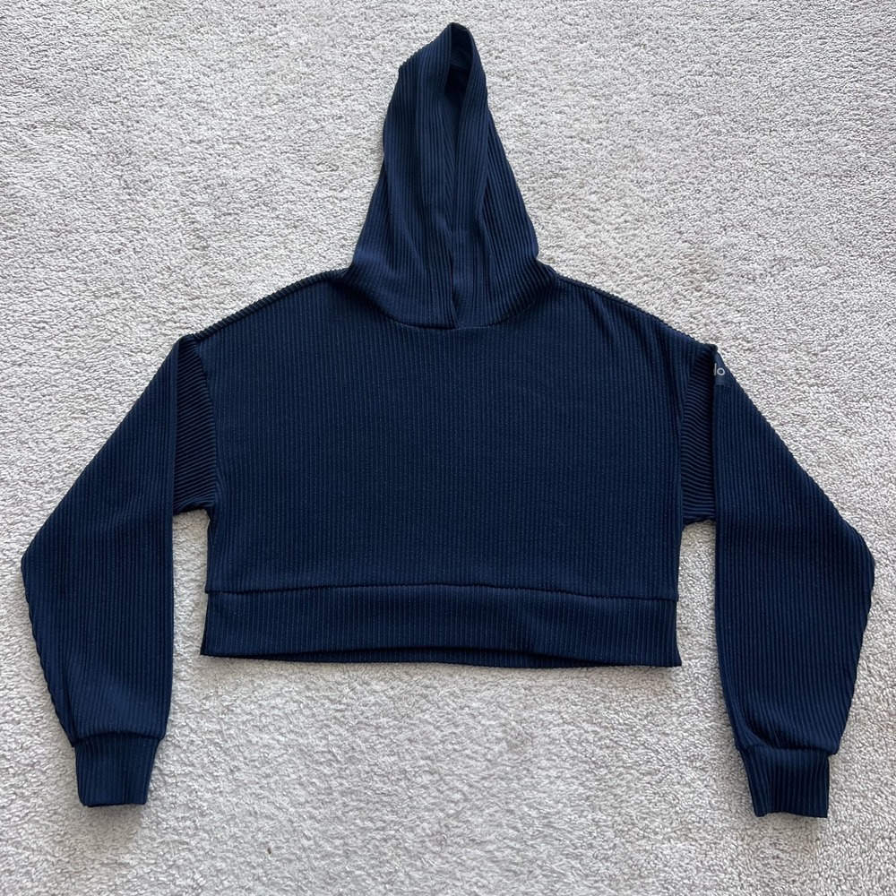 Alo Yoga Muse Ribbed Cropped Hoodie Sweatshirt Womens S Blue Knit Pullover